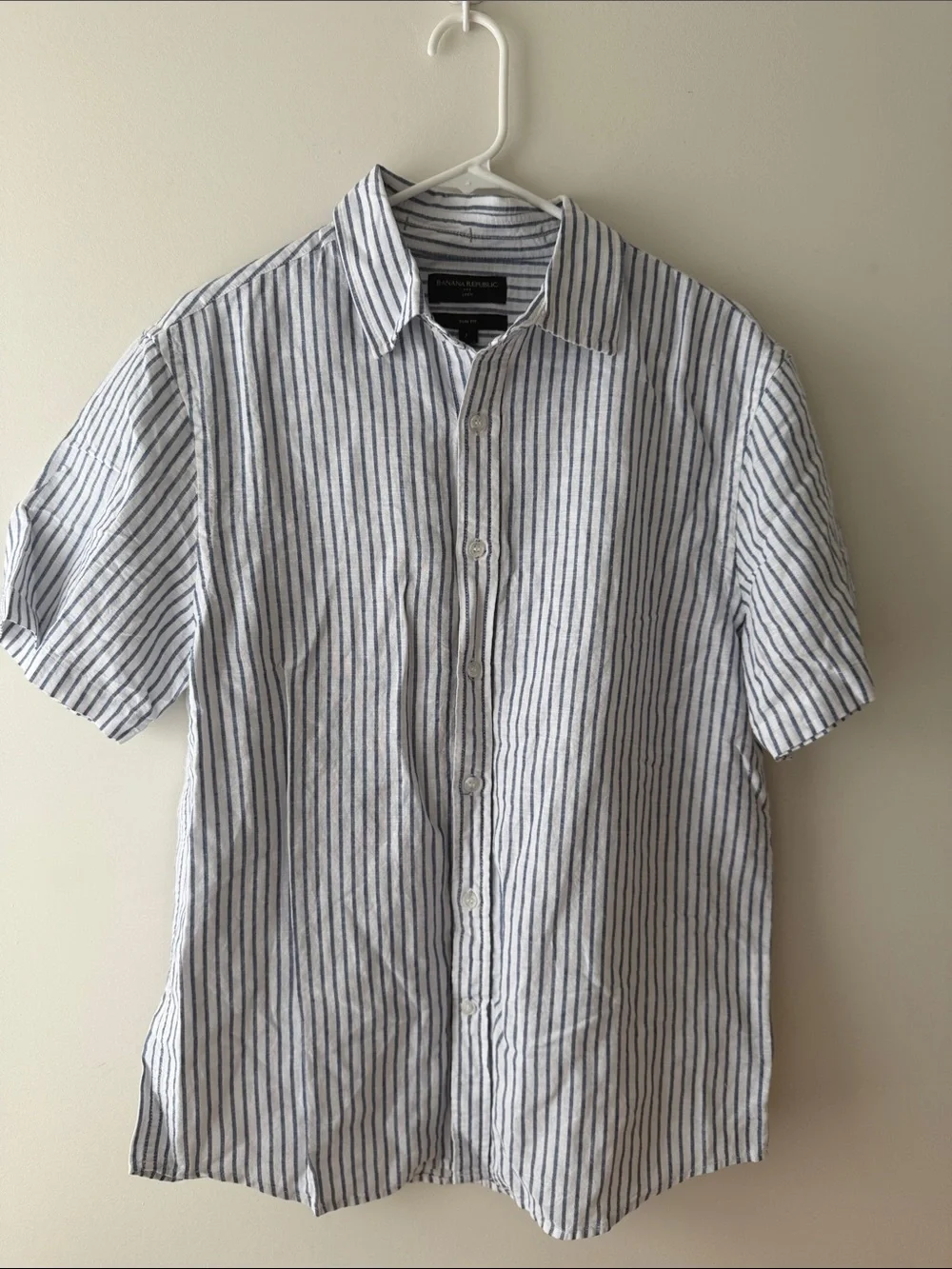 Banana Republic White and Navy Vertical-Stripe Short-Sleeve Shirt